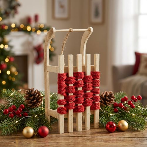 Deko Schlitten aus Holz 30×14,5×9,5 cm Natur und Rot mit Jutekordel | Floristik24.at