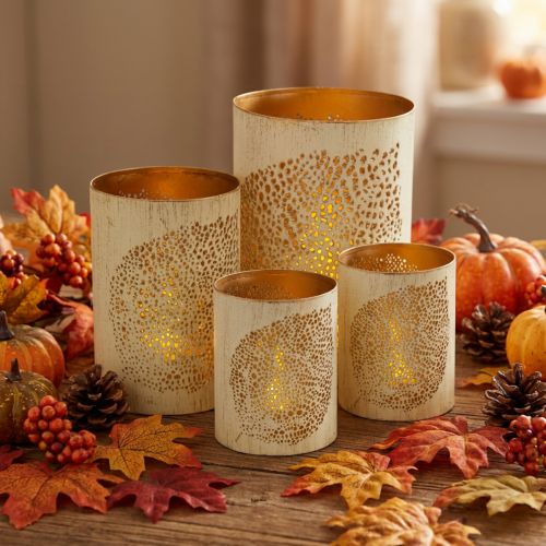 Herbst Windlicht 3er-Set Metall Creme-Gold H20,5/15,5/10,5cm | Floristik24.at