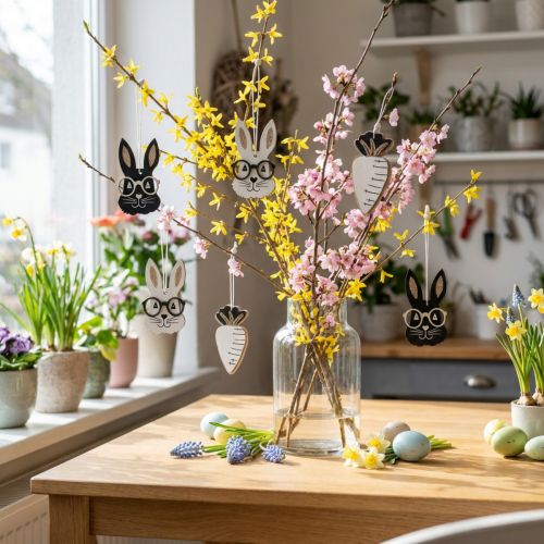 Holzanhänger-Set Hase und Möhre Schwarz-Weiß mit Gold-Glitter 4×7,5cm 9-teilig | Floristik24.at