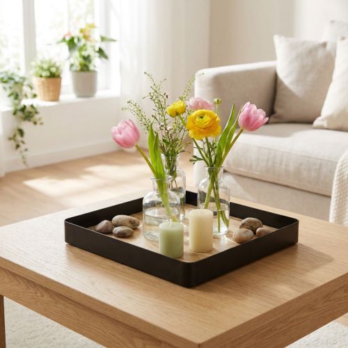 Deko Tablett aus Metall und Holz quadratisch 25,5×25,5×4cm Schwarz Natur | Floristik24.at