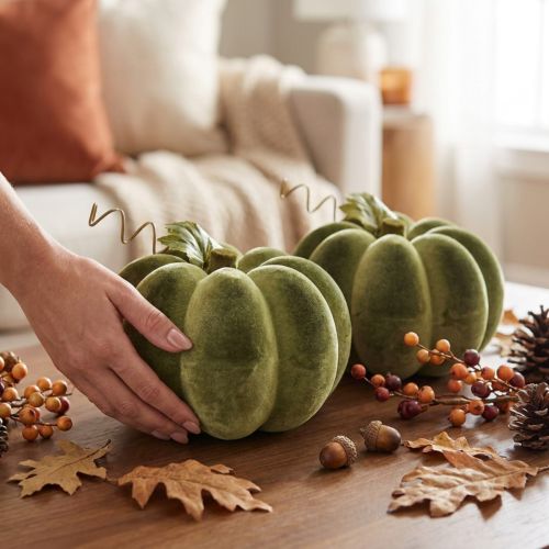 Kunststoff Kürbis Deko 20cm Grün beflockte Oberfläche 2er-Set für Herbst und Halloween | Floristik24.at
