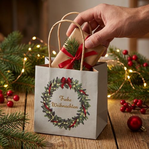 Artikel Geschenktasche aus Papier mit Henkeln, 10,5×10,5 cm, Grau, Weihnachtskranz-Motiv, 8 Stück