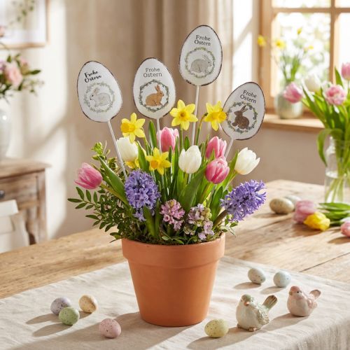 Metall-Blumenstecker mit Ostereiern und Hasenmotiven 5×7 cm, 8 Stück | Floristik24.at