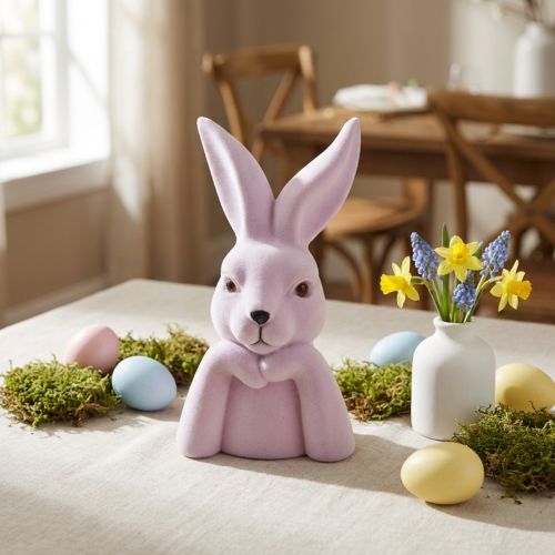 Hasenfigur Büste Beflockt Denkender Hase 16,5×13×27cm Fliederfarben Dekoration Ostern | Floristik24.at