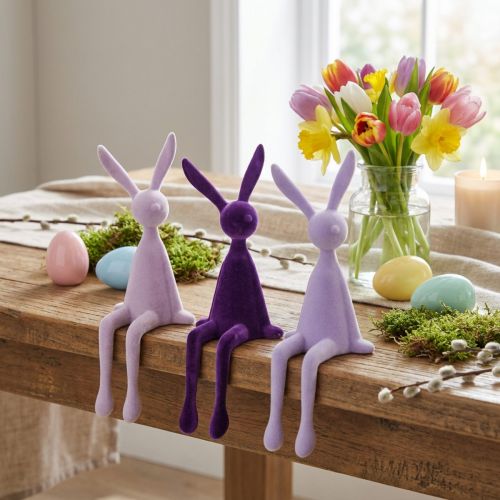 Kantenhocker Osterhase 3er-Set beflockt Kunststoff Lila Flieder 36cm | Floristik24.at