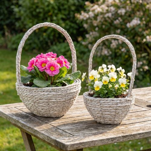 Artikel Pflanzkorb 2er-Set Stroh Weiß Natur mit Henkel Ø23/28cm für Shabby Chic Dekoration