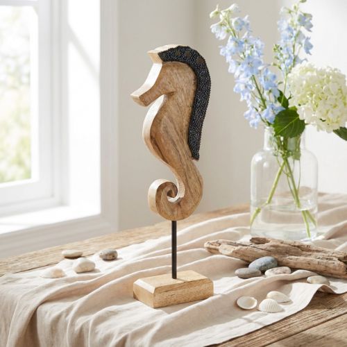 Seepferdchen Dekoration Mangoholz 28 cm mit Perlenverzierung | Floristik24.at