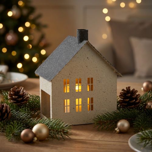 Lichthaus aus Metall Hausform Windlicht 16 cm Grau Beige | Floristik24.at