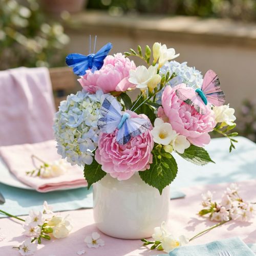 Deko-Schmetterlinge aus Federn mit Draht, Rosa und Blau, 6cm, 24 Stück | Floristik24.at