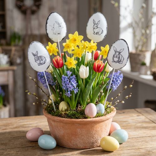 Blumenstecker Metall Deko-Eier mit Osterhasen-Motiv 5×7cm Weiß 8 Stück | Floristik24.at