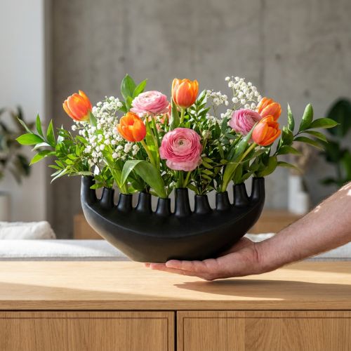 Schwarze Keramikvase in Schiffform mit 10 Öffnungen H15cm | Floristik24.at