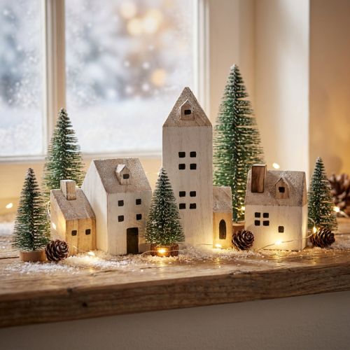 Mini Weihnachtsdorf Holz Deko Weiß Natur H13/7cm 6 St | Floristik24.at