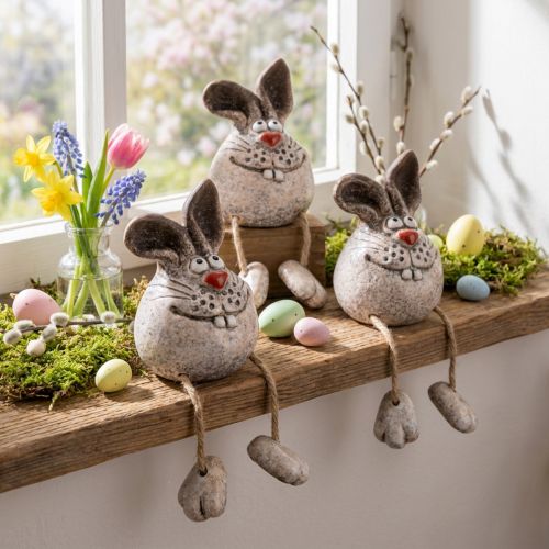 Keramik Kantenhocker Hase Dekofigur 6,5×7×9,5 cm Set 3 Stk Weiß-Grau | Floristik24.at