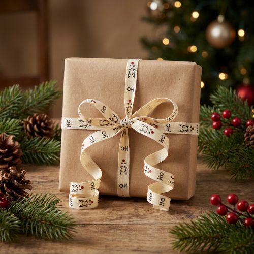 Artikel Nachhaltiges Kräuselband Weiß Geschenkband Weihnachten "Ho Ho Ho" 10mm 100m