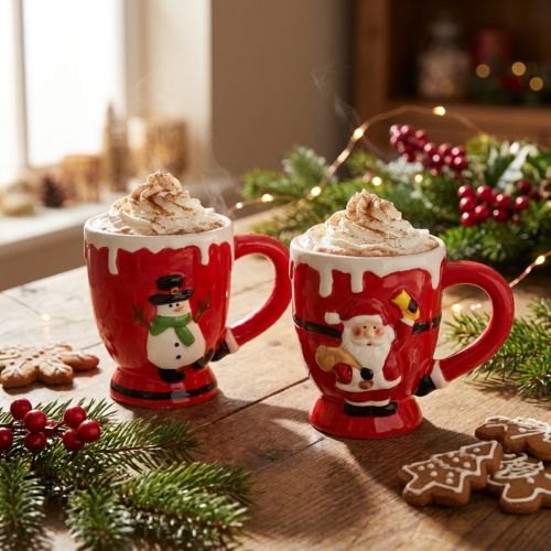 Keramiktassen Set Weihnachten Schneemann und Weihnachtsmann 10,5 cm Rot-Weiß 2 Stück | Floristik24.at