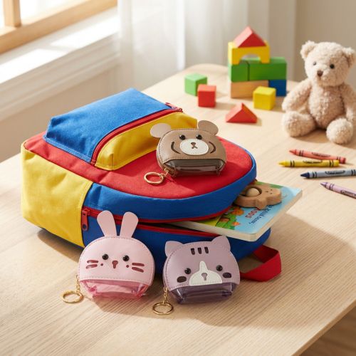 Artikel Mini-Geldbeutel Schlüsselanhänger im Tier-Design, 11 cm, 4er-Set, Kunststoff, Rosa, Lila, Braun, Grau