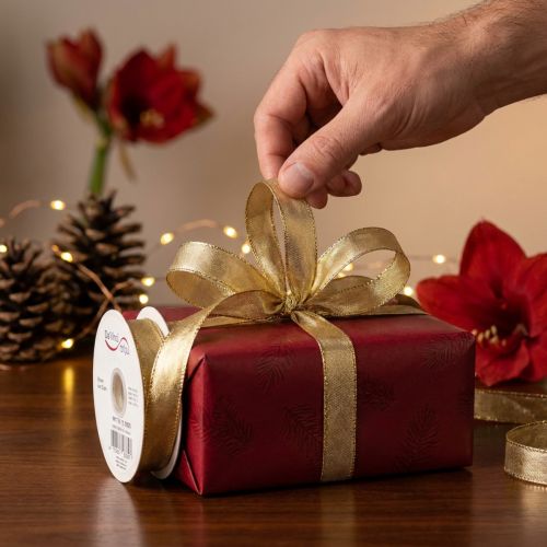 Artikel Geschenkband mit Drahtkante aus Polyester und Polyamid 15mm x 25m Gold