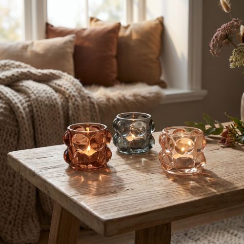 Teelichthalter Glas Ø8cm H6,5cm getönt 3 Stück in Rauchblau, Orange und Braun | Floristik24.at