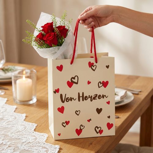 Artikel Geschenktüte Papier Creme-Rot "Von Herzen" mit Henkeln 18×10×23cm 2 Stück