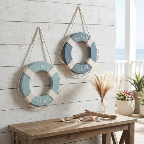 Rettungsring Deko aus Holz zum Hängen, Ø 13 cm, Blau, 2 Stück | Floristik24.at