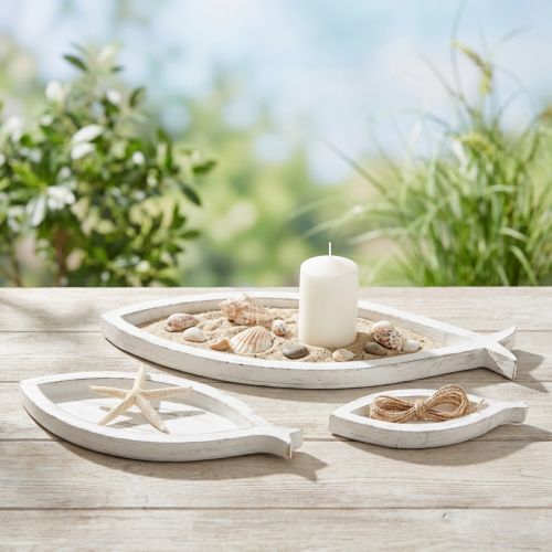 Artikel Deko-Tablett Fisch Holz Weiß Natur 30/40/50 cm 3er-Set