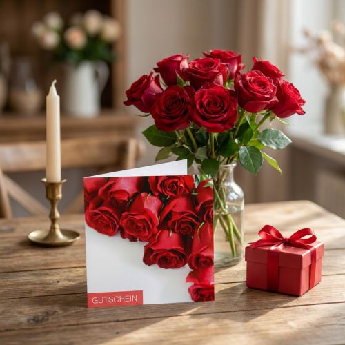 Gutscheinkarte aus Pappe mit roten Rosenmotiv und Umschlag 12x12cm | Floristik24.at