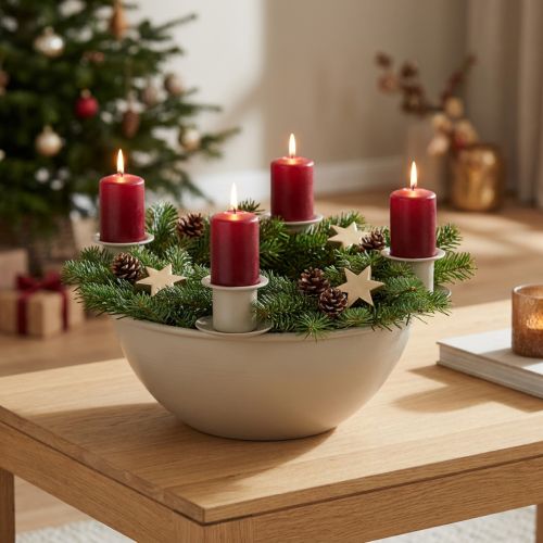 Kerzenschale mit 4 Haltern für Adventskranz Beige 15cm Kunststoff | Floristik24.at
