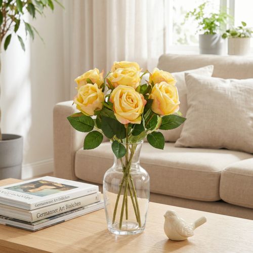 Artikel Rosenstrauß aus Polyester, künstlich, gelb, 44 cm, 6 Stück für Dekoration
