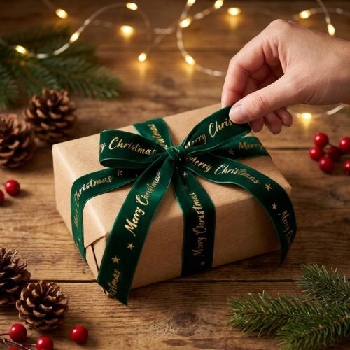 Geschenkband Samtband Polyester Grün Gold Merry Christmas 25mm x 20m | Floristik24.at