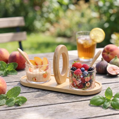 Artikel Tapas-Set mit Pfirsich-Motiv, Glas und Holztablett, 23×9×10,5cm