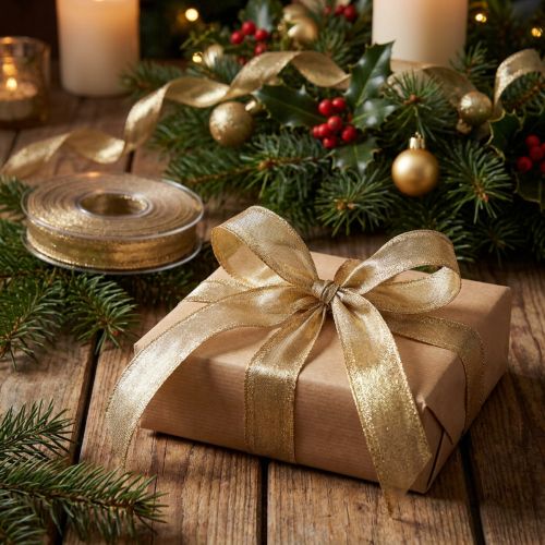 Artikel Geschenkband mit Drahtkante aus Polyamid und Polyester Gold 15mm x 25m