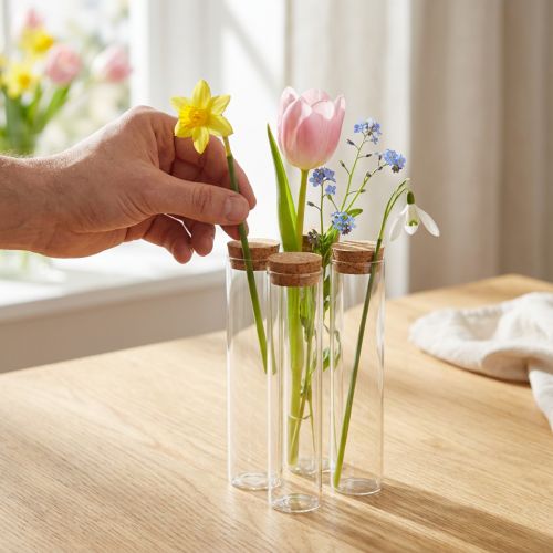 Reagenzglas Deko Vase aus Glas mit Korkdeckel Ø 4 cm H 18 cm, 6 Stück | Floristik24.at