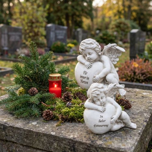 Artikel Engel-Figuren aus Polyresin mit Herz und Inschrift 13cm Grau 2er-Set