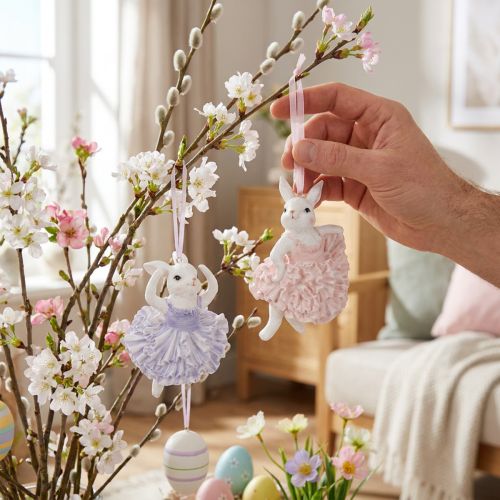 Dekoanhänger Hasenfiguren Ballerina aus Polyresin 12cm Rosa und Lila 2er-Set | Floristik24.at