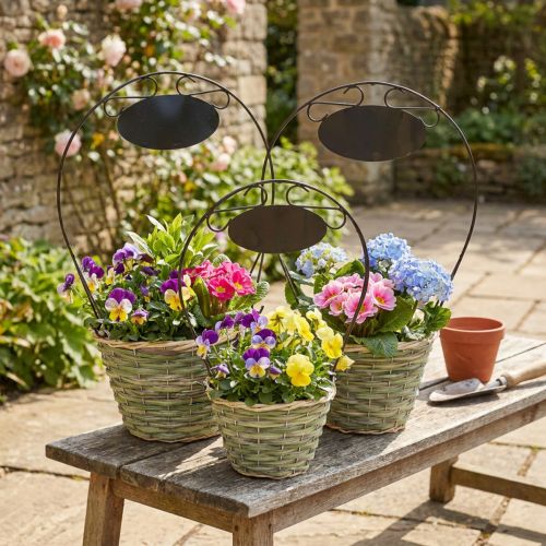 Artikel Set Blumenkörbe aus Metall und Holz mit Henkel und Schild Ø23/20/17cm Natur Grün Grau