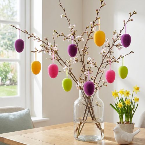 Beflockte Kunststoff-Ostereier zum Aufhängen 9,5 cm 4 Farben 8 Stück | Floristik24.at