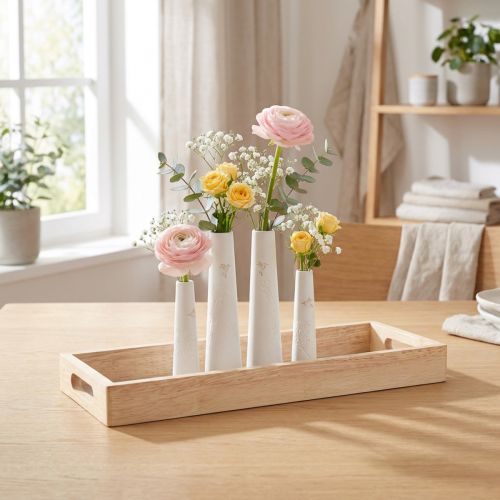 Deko-Tablett Holz mit weißen Keramik-Mini-Vasen 35x14cm | Floristik24.at