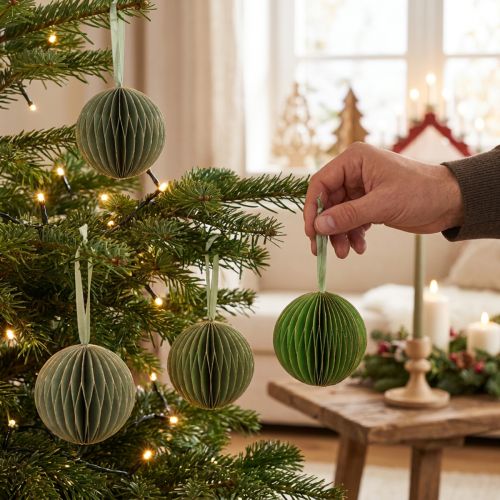 Artikel Weihnachtskugeln aus Papier, Wabenkugeln, Grün und Gold, 7 cm, 4 Stück