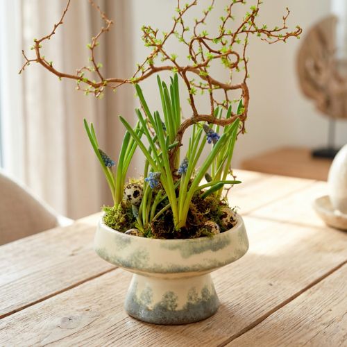 Deko-Schale aus Keramik mit Sockel Creme Graugrün Ø17cm H10cm | Floristik24.at