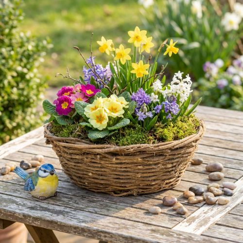Runde Blumenschale aus Reben mit Gitter und Folie 31 cm Natur | Floristik24.at