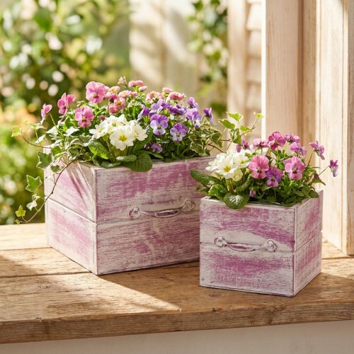 Pflanzschubladen Holz Rosa-Weiß mit Griff 12/15 cm 2er-Set | Floristik24.at