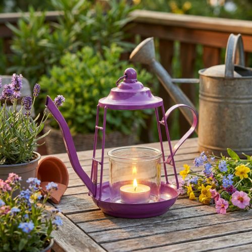 Teelichthalter Teekanne aus Metall und Glas Pink Ø13cm H22cm | Floristik24.at