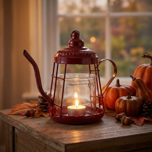 Teelichthalter Glas Windlicht Teekanne aus Metall Rot Ø15cm H26cm | Floristik24.at
