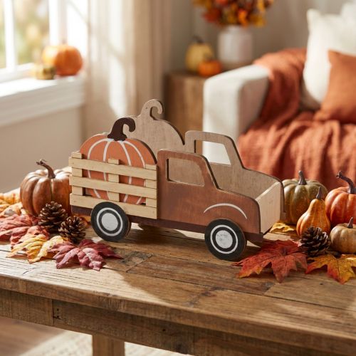 Tischdekoration Holz-Lieferwagen mit Kürbis 20×7,5×12,5cm Braun-Orange | Floristik24.at