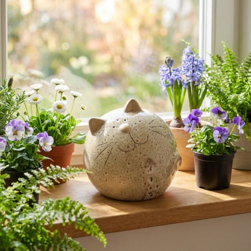 Keramik-Katze Dekofigur Beige Rund 13cm für Wohn- und Schlafzimmer | Floristik24.at