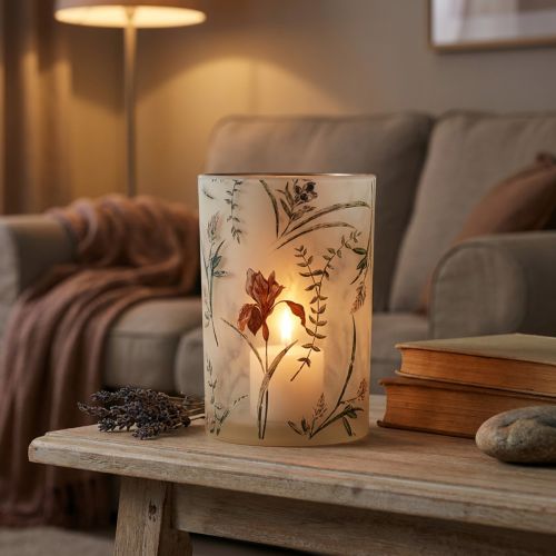 Artikel Teelichthalter aus Glas mit floralem Blütenmotiv 18 cm in Beige und Rot