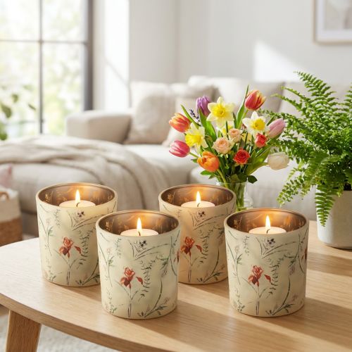 Artikel Deko Windlicht aus Glas mit floralem Motiv, 8cm hoch, Set aus 4 Stück