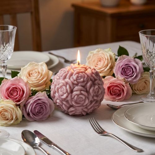 Artikel Kugelkerze aus Wachs mit Rosendekor in Rosa, Ø 7 cm