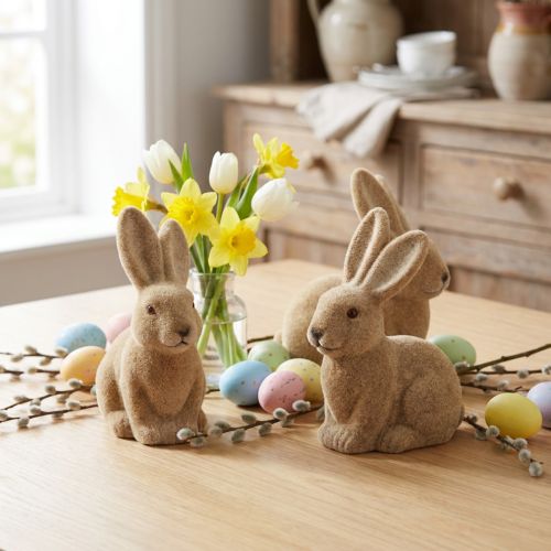 Deko-Figur Hasen beflockt Braun 15cm Sitzend – 4 Stück Ostern | Floristik24.at