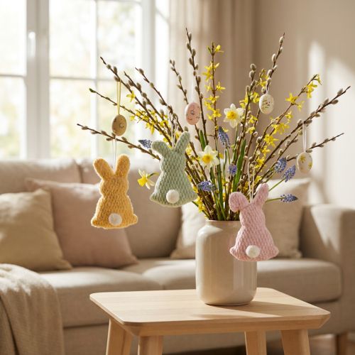 Artikel Osterhasen-Aufhänger aus Stoff in Pastellfarben mit Bommel 13 cm 3er-Set für Innenbereich